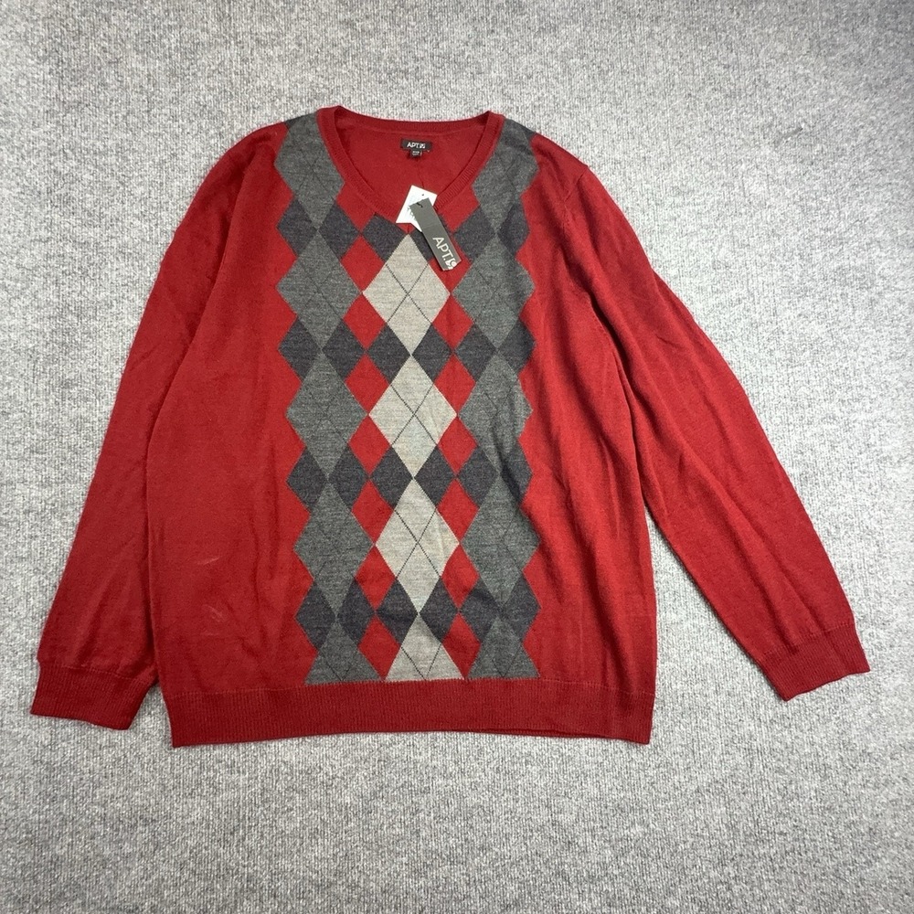 Apt. 9 Sweater Mens 2XB Big Tall Red Argyle V Neck Merino Wool Knit Pullover
